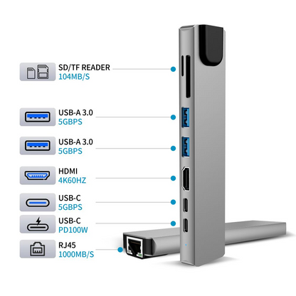 Hub USB-C Tech-Protect HB09, 2 x USB-A 3.0 - 2 x USB-C - 1 x HDMI - 1 x RJ45 - 1 x SD - 1 x microSD, Cinzento