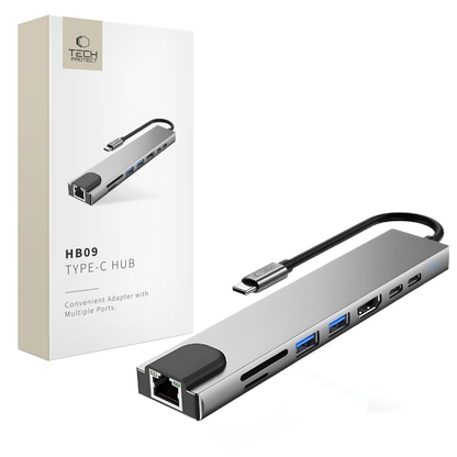 Hub USB-C Tech-Protect HB09, 2 x USB-A 3.0 - 2 x USB-C - 1 x HDMI - 1 x RJ45 - 1 x SD - 1 x microSD, Cinzento