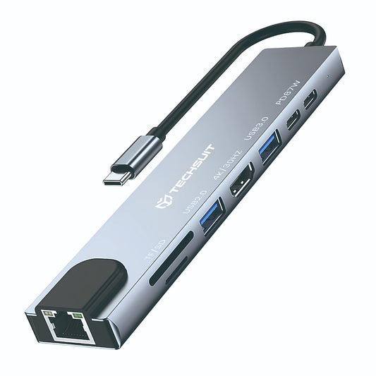 Hub USB-C Techsuit H2 NetBridge, 8 em 1, Cinzento