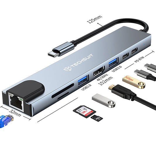 Hub USB-C Techsuit H2 NetBridge, 8 em 1, Cinzento