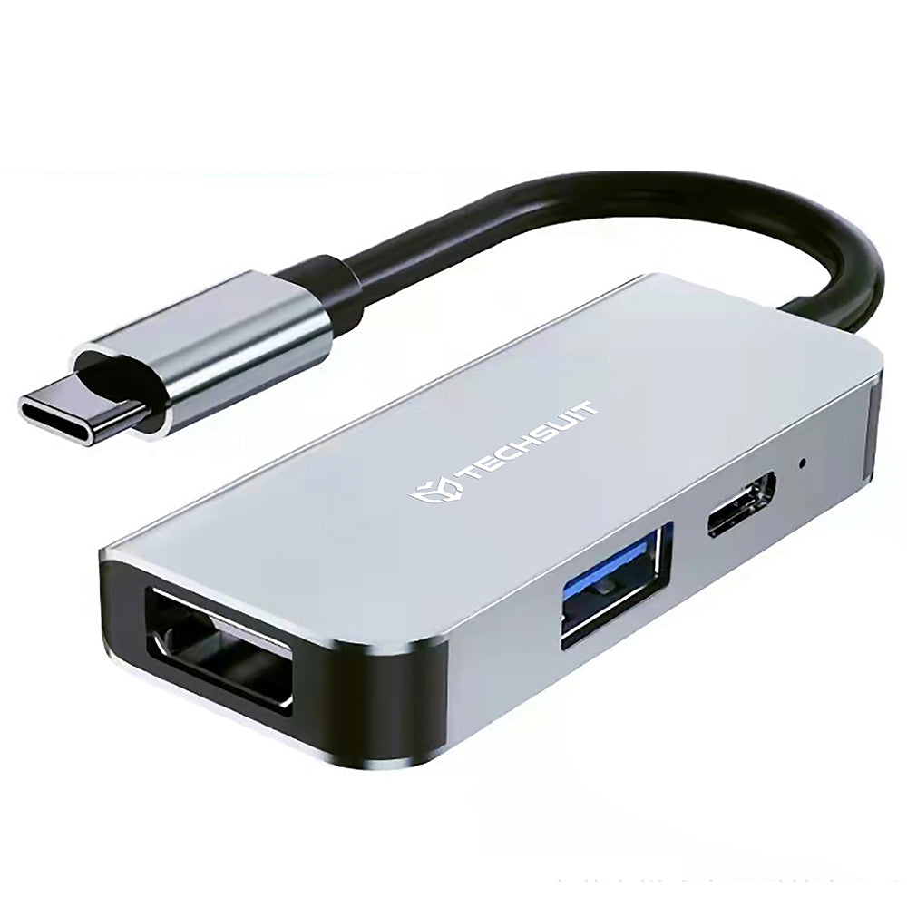 Hub USB-C Techsuit H4 TurboChargeX, 3 em 1, Cinzento