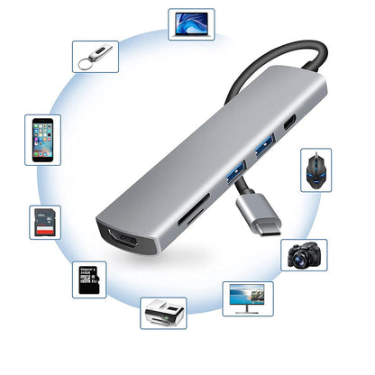 Hub USB-C Techsuit H5 TurboChargeX, 6 em 1, Cinzento