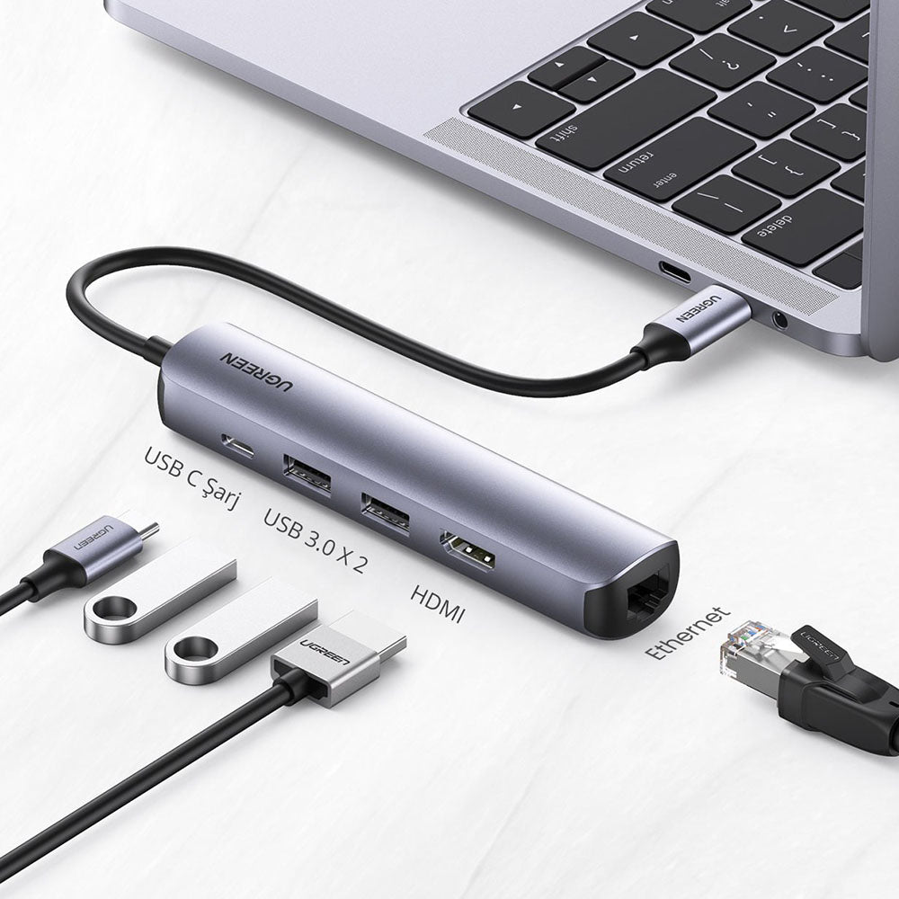 Hub USB-C UGREEN CM418 (10919), 2 x USB-A 3.0 - 1 x USB-C - 1 x HDMI - 1 x RJ45, Cinzento