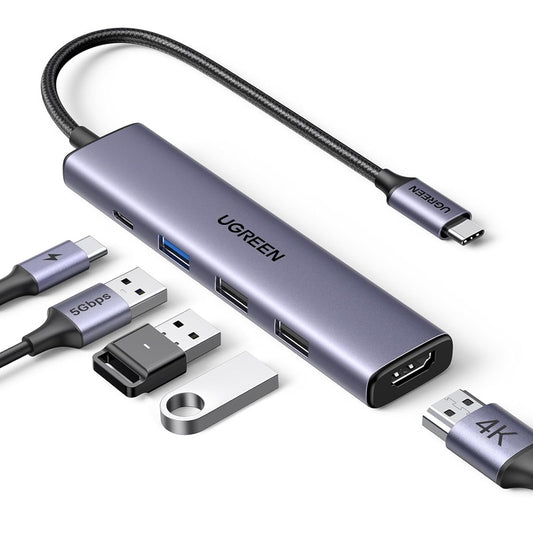 Hub USB-C UGREEN CM478, 1 x USB-A 3.0 - 2 x USB-A - 1 x USB-C - 1 x HDMI, Cinzento