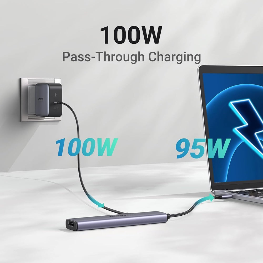 Hub USB-C UGREEN CM478, 1 x USB-A 3.0 - 2 x USB-A - 1 x USB-C - 1 x HDMI, Cinzento