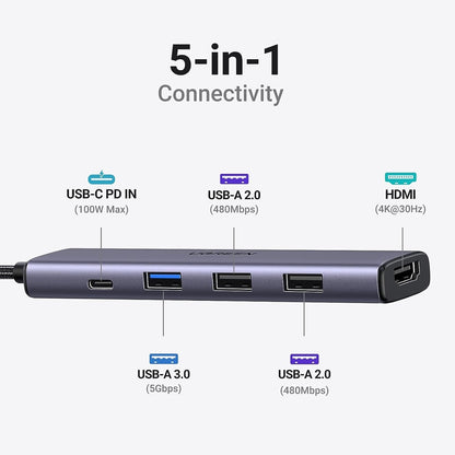 Hub USB-C UGREEN CM478, 1 x USB-A 3.0 - 2 x USB-A - 1 x USB-C - 1 x HDMI, Cinzento
