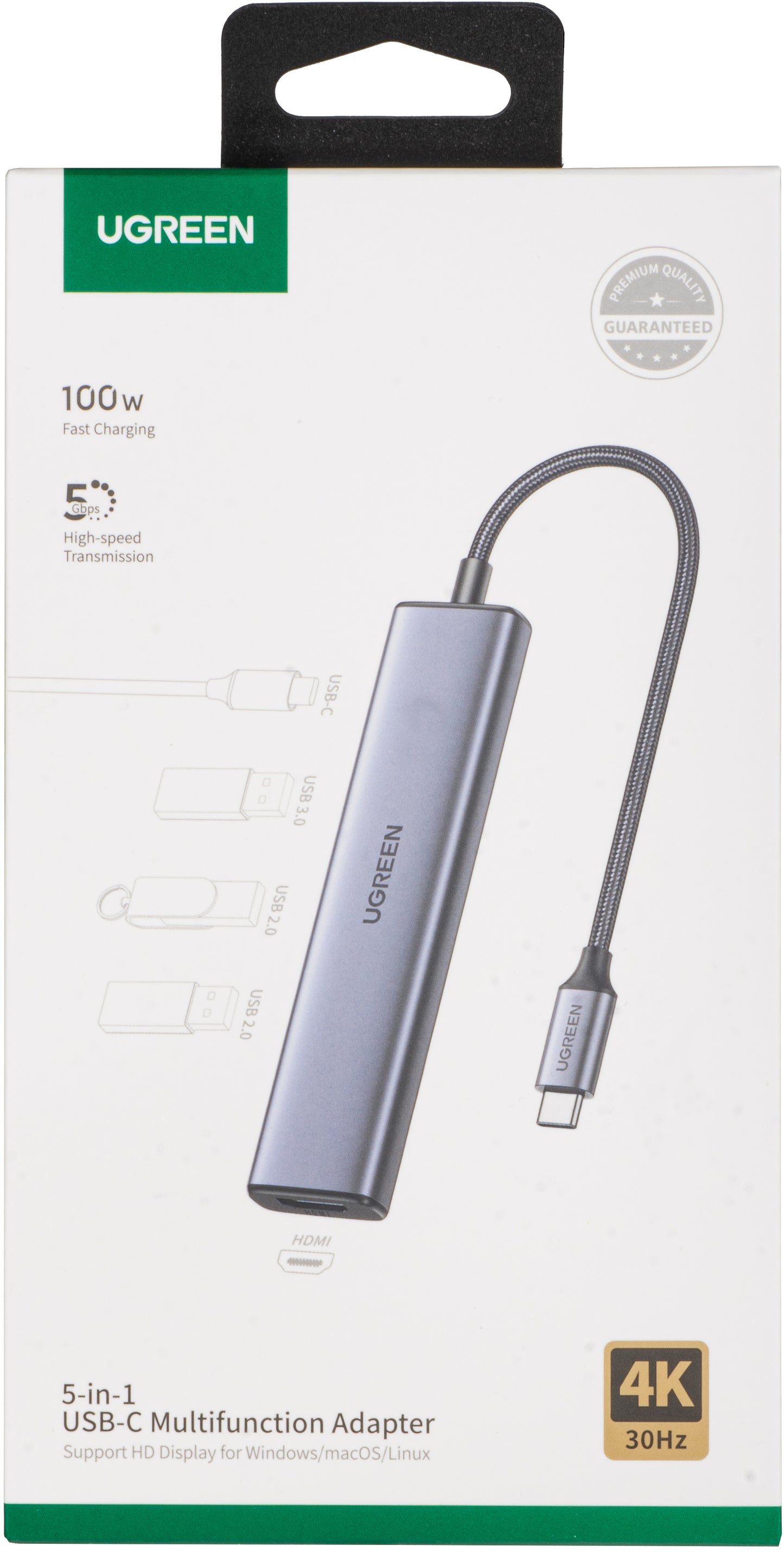 Hub USB-C UGREEN CM478, 1 x USB-A 3.0 - 2 x USB-A - 1 x USB-C - 1 x HDMI, Cinzento