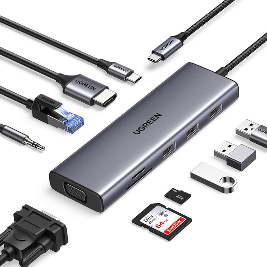Hub USB-C UGREEN CM498 (15601), 3 x USB-A 3.0 - 1 x USB-C - 1 x HDMI - 1 x VGA - 1 x Jack 3.5mm - 1 x RJ45 - 1 x SD - 1 x microSD, Cinzento