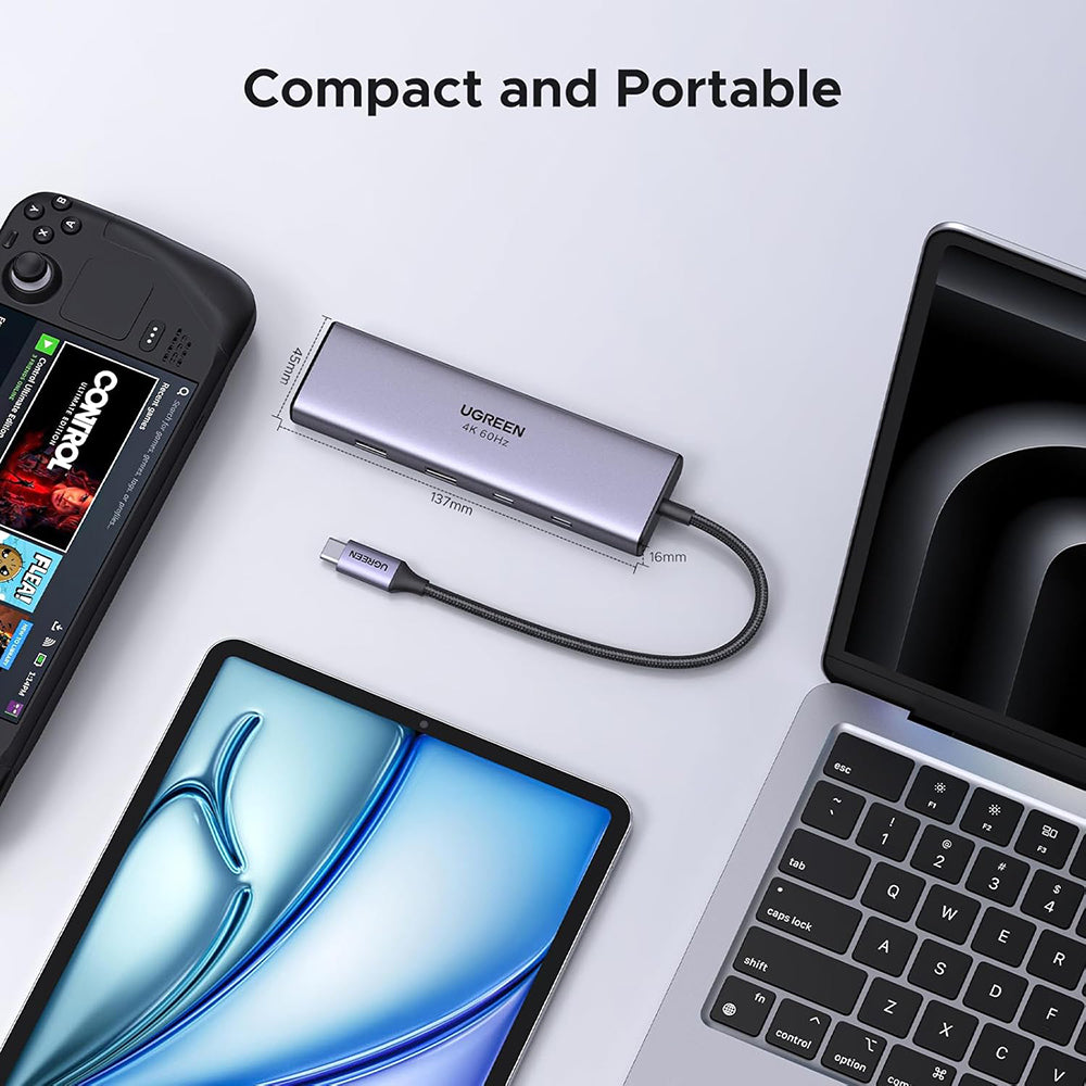 Hub USB-C UGREEN CM498 (15375), 2 x USB-A - 3 x USB-C - 1 x HDMI - 1 x RJ45 - 1 x SD - 1 x microSD, Cinzento
