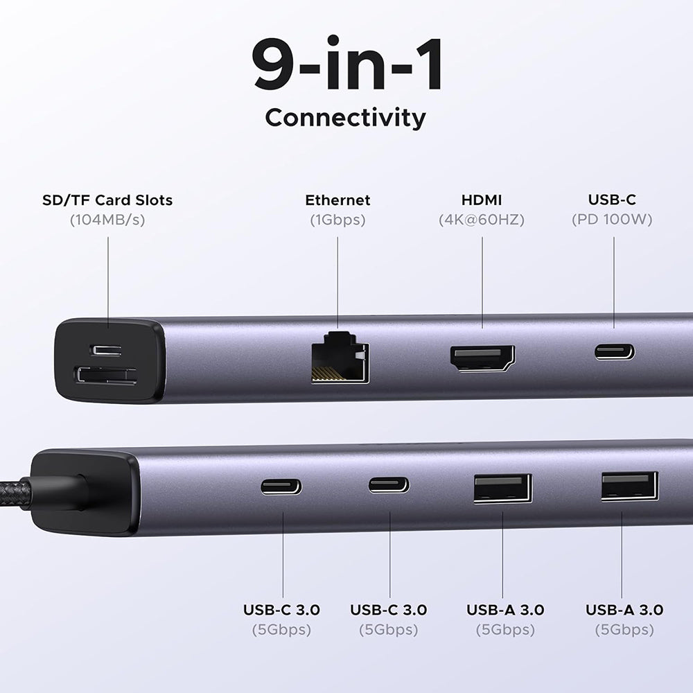 Hub USB-C UGREEN CM498 (15375), 2 x USB-A - 3 x USB-C - 1 x HDMI - 1 x RJ45 - 1 x SD - 1 x microSD, Cinzento
