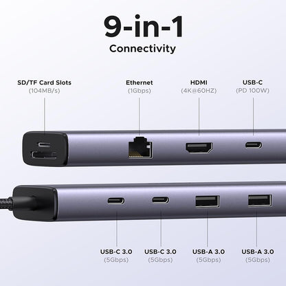 Hub USB-C UGREEN CM498 (15375), 2 x USB-A - 3 x USB-C - 1 x HDMI - 1 x RJ45 - 1 x SD - 1 x microSD, Cinzento