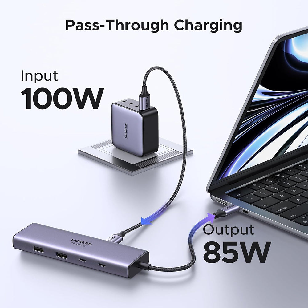 Hub USB-C UGREEN CM498 (15375), 2 x USB-A - 3 x USB-C - 1 x HDMI - 1 x RJ45 - 1 x SD - 1 x microSD, Cinzento