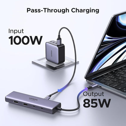 Hub USB-C UGREEN CM498 (15375), 2 x USB-A - 3 x USB-C - 1 x HDMI - 1 x RJ45 - 1 x SD - 1 x microSD, Cinzento
