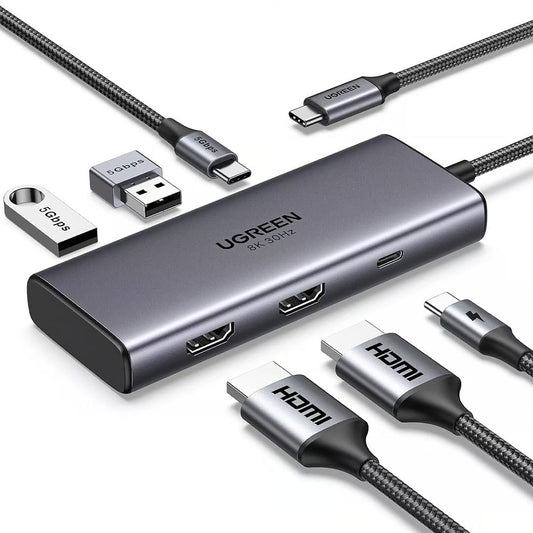 Hub USB-C UGREEN CM498 (15852), 2 x USB-A 3.0 - 2 x USB-C - 2 x HDMI, Cinzento