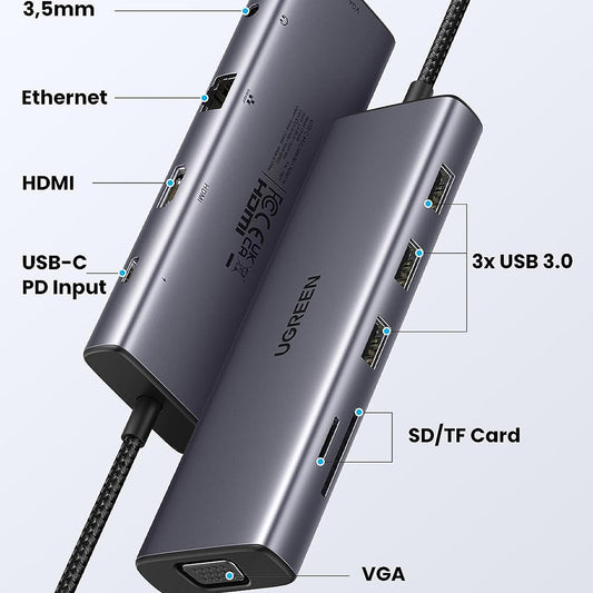 Hub USB-C UGREEN CM498 (15601), 3 x USB-A 3.0 - 1 x USB-C - 1 x HDMI - 1 x VGA - 1 x Jack 3.5mm - 1 x RJ45 - 1 x SD - 1 x microSD, Cinzento
