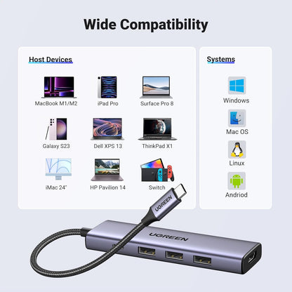 Hub USB-C UGREEN CM511, 3 x USB-A 3.0 - 1 x USB-C - 1 x HDMI, Cinzento
