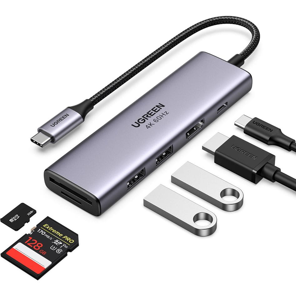 Hub USB-C UGREEN CM511 (60384), 2 x USB-A 3.0 - 1 x USB-C - 1 x HDMI - 1 x SD - 1 x microSD, Cinzento
