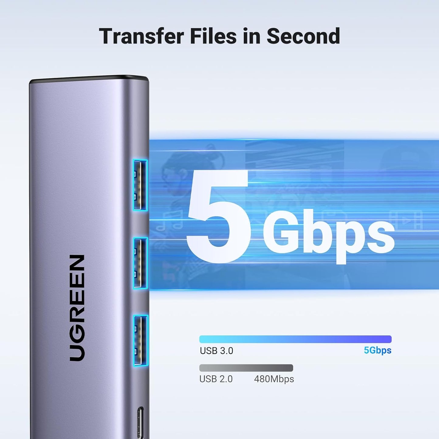 Hub USB-C UGREEN CM511, 3 x USB-A 3.0 - 1 x USB-C - 1 x HDMI, Cinzento
