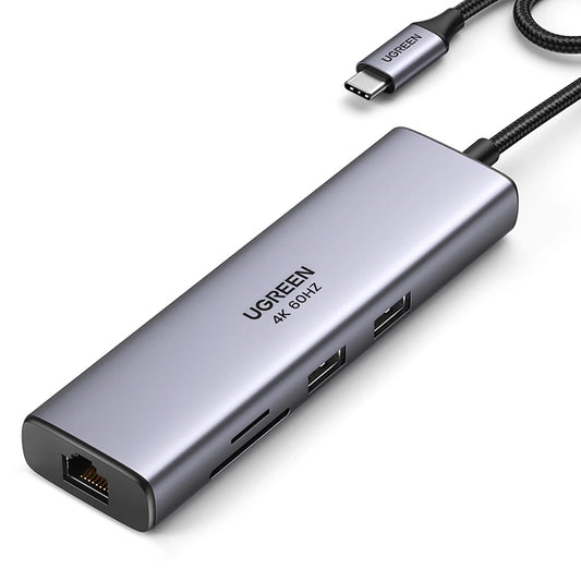 Hub USB-C UGREEN CM512, 2 x USB-A 3.0 - 1 x USB-C - 1 x HDMI - 1 x SD - 1 x microSD - RJ45, Cinzento