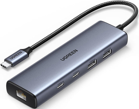 Hub USB-C UGREEN CM512, 1 x USB-A 3.2 - 1 x USB-A - 3 x USB-C - 1 x RJ45, Cinzento