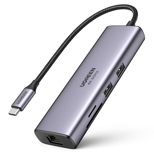 Hub USB-C UGREEN CM512 (60515), 2 x USB-A 3.0 - 1 x USB-C - 1 x HDMI - 1 x SD - 1 x microSD - 1 x RJ45, Cinzento