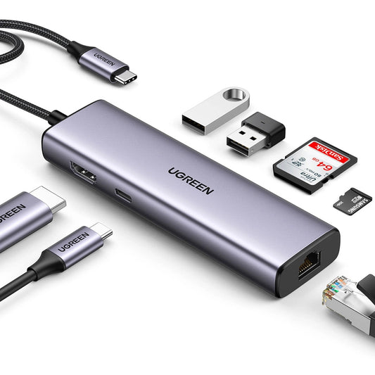 Hub USB-C UGREEN CM512, 2 x USB-A 3.0 - 1 x USB-C - 1 x HDMI - 1 x SD - 1 x microSD - RJ45, Cinzento