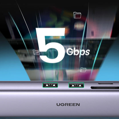 Hub USB-C UGREEN CM512 (90568), 2 x USB-A 3.0 - 1 x USB-C - 1 x HDMI - 1 x RJ45 - 1 x SD - 1 x microSD, Cinzento