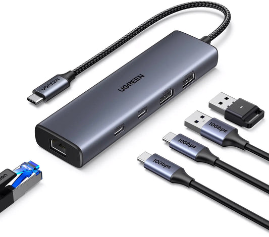 Hub USB-C UGREEN CM512, 1 x USB-A 3.2 - 1 x USB-A - 3 x USB-C - 1 x RJ45, Cinzento