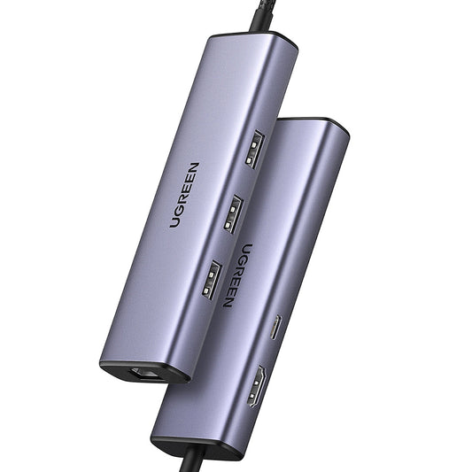 Hub USB-C UGREEN CM512 (15598), 3 x USB-A 3.0 - 1 x USB-C - 1 x HDMI - 1 x RJ45, Cinzento