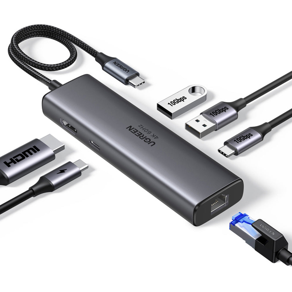 Hub USB-C UGREEN CM512 (45000), 2 x USB-A 3.2 - 2 x USB-C - 1 X HDMI - 1 x RJ45, Cinzento
