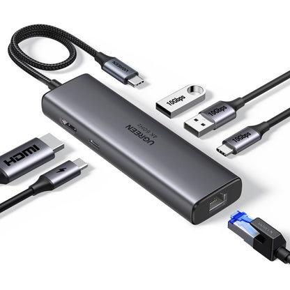 Hub USB-C UGREEN CM512 (45000), 2 x USB-A 3.2 - 2 x USB-C - 1 X HDMI - 1 x RJ45, Cinzento