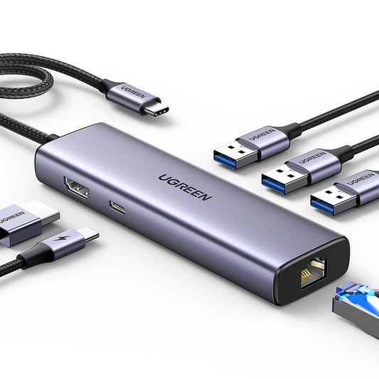 Hub USB-C UGREEN CM512 (15598), 3 x USB-A 3.0 - 1 x USB-C - 1 x HDMI - 1 x RJ45, Cinzento