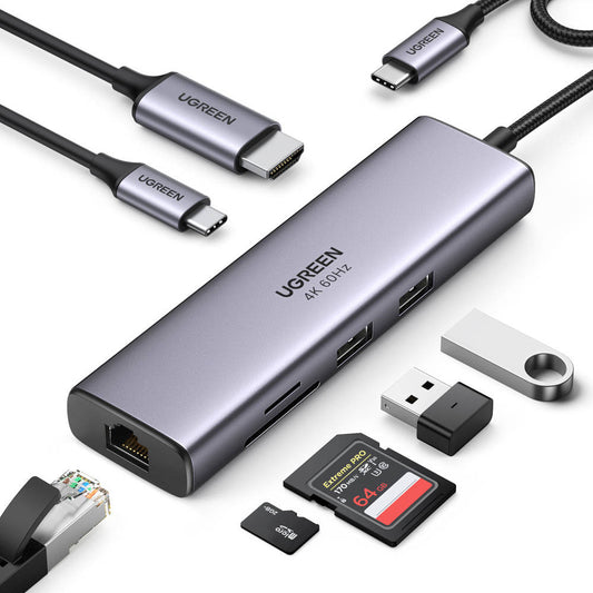Hub USB-C UGREEN CM512 (60515), 2 x USB-A 3.0 - 1 x USB-C - 1 x HDMI - 1 x SD - 1 x microSD - 1 x RJ45, Cinzento
