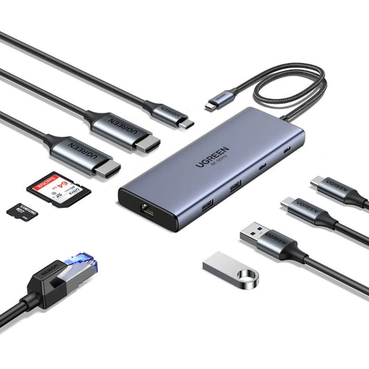 Hub USB-C UGREEN CM639 (45380), 2 x USB-A 3.2 - 3 x USB-C - 2 x HDMI - 1 x RJ45 - 1 x SD - 1 x microSD, Cinzento