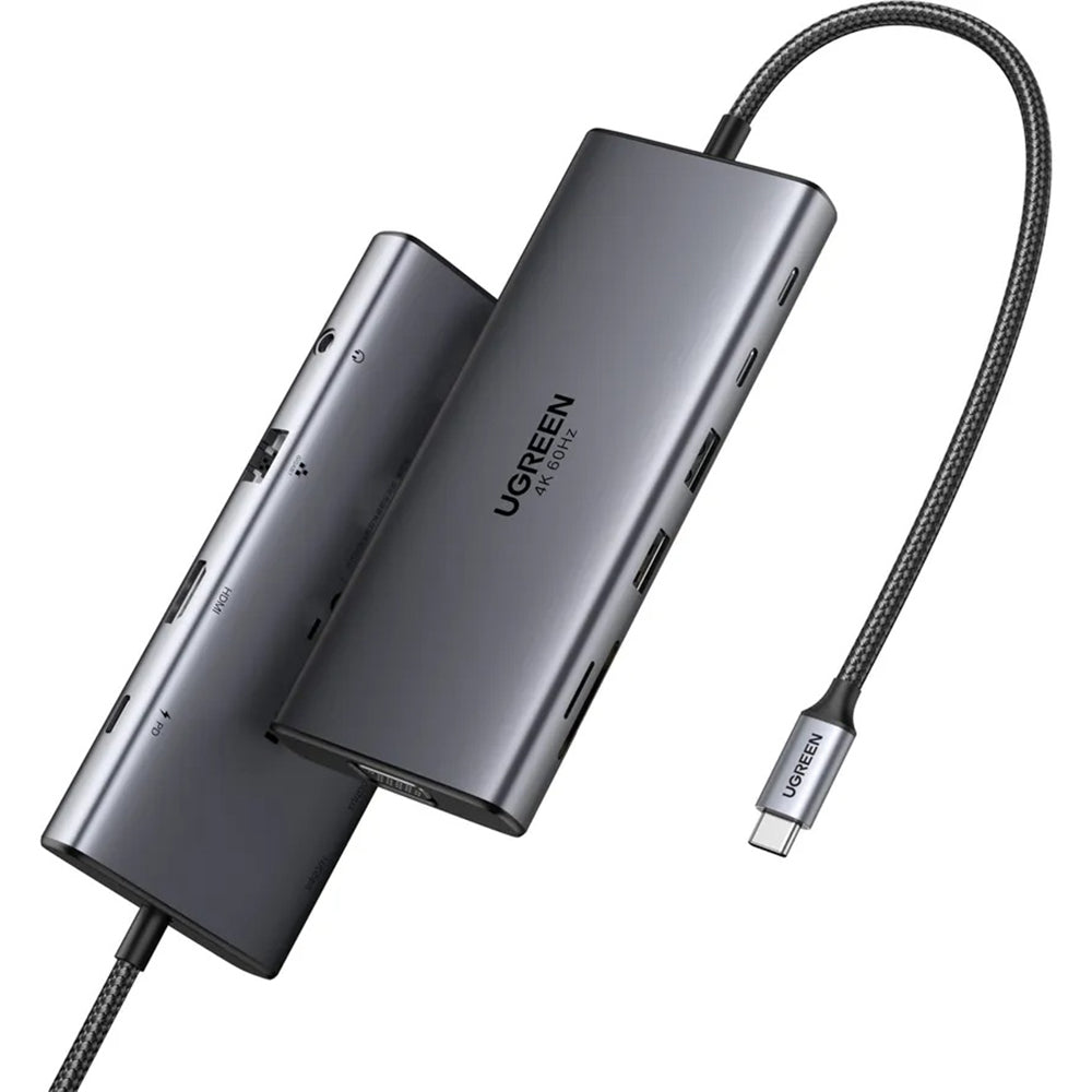 Hub USB-C UGREEN CM639 (45520), 2 x USB-A 3.2 - 3 x USB-C - 1 x HDMI - 1 x VGA - 1 x Jack 3.5mm - 1 x RJ45 - 1 x SD - 1 x microSD, Cinzento
