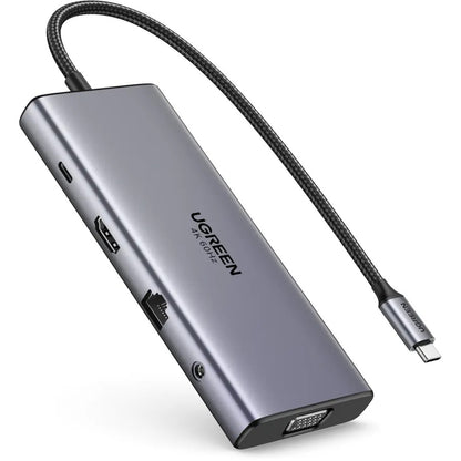 Hub USB-C UGREEN CM639 (45520), 2 x USB-A 3.2 - 3 x USB-C - 1 x HDMI - 1 x VGA - 1 x Jack 3.5mm - 1 x RJ45 - 1 x SD - 1 x microSD, Cinzento