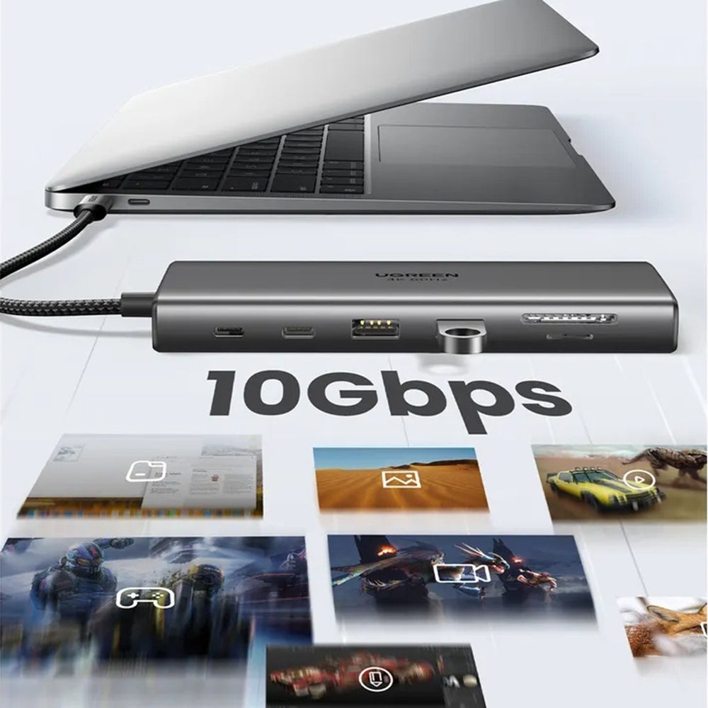 Hub USB-C UGREEN CM639 (45520), 2 x USB-A 3.2 - 3 x USB-C - 1 x HDMI - 1 x VGA - 1 x Jack 3.5mm - 1 x RJ45 - 1 x SD - 1 x microSD, Cinzento