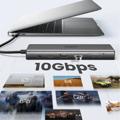 Hub USB-C UGREEN CM639 (45520), 2 x USB-A 3.2 - 3 x USB-C - 1 x HDMI - 1 x VGA - 1 x Jack 3.5mm - 1 x RJ45 - 1 x SD - 1 x microSD, Cinzento