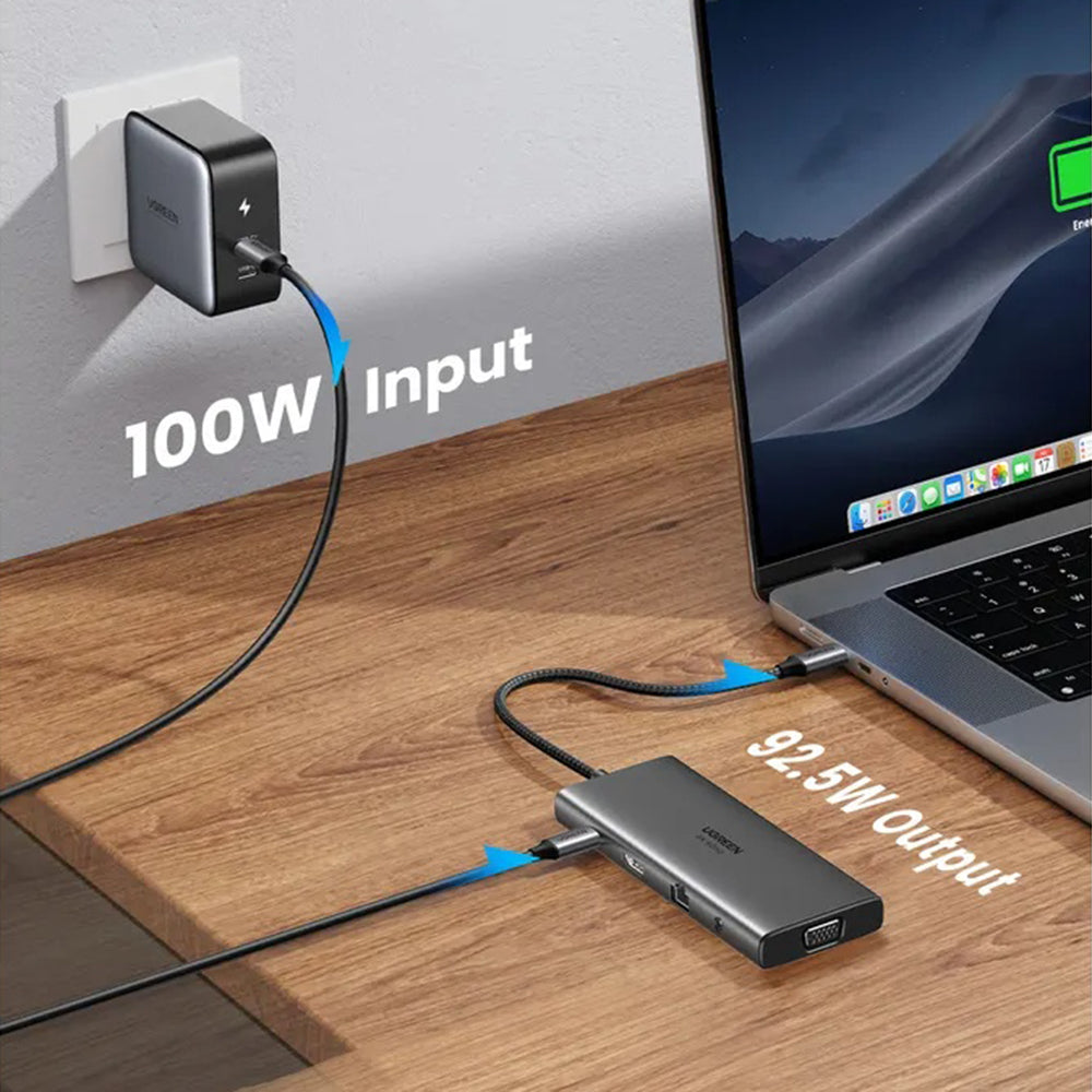 Hub USB-C UGREEN CM639 (45520), 2 x USB-A 3.2 - 3 x USB-C - 1 x HDMI - 1 x VGA - 1 x Jack 3.5mm - 1 x RJ45 - 1 x SD - 1 x microSD, Cinzento