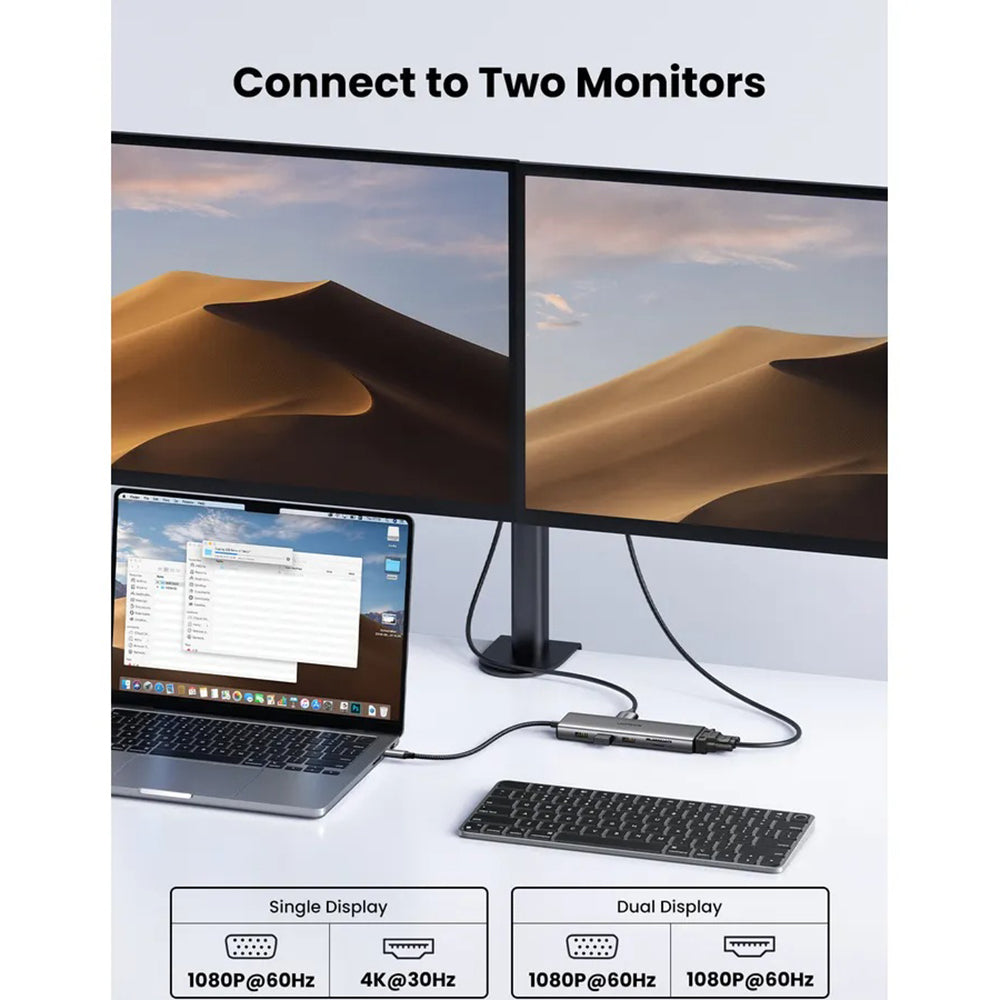 Hub USB-C UGREEN CM639 (45520), 2 x USB-A 3.2 - 3 x USB-C - 1 x HDMI - 1 x VGA - 1 x Jack 3.5mm - 1 x RJ45 - 1 x SD - 1 x microSD, Cinzento