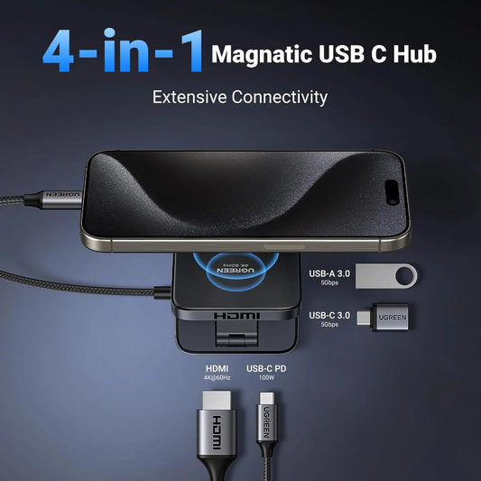 Hub USB-C UGREEN CM801, 1 x USB-A 3.0 - 2 x USB-C - 1 x HDMI, Cinzento