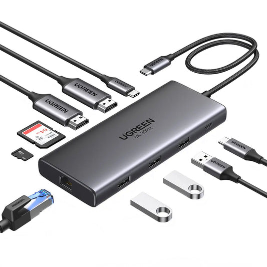 Hub USB-C UGREEN Revodok Pro 210 CM639, 1 x USB-A 3.0 - 2 x USB-A - 2 x USB-C - 2 x HDMI - 1 x RJ45 - 1 x SD - 1 x microSD, Cinzento