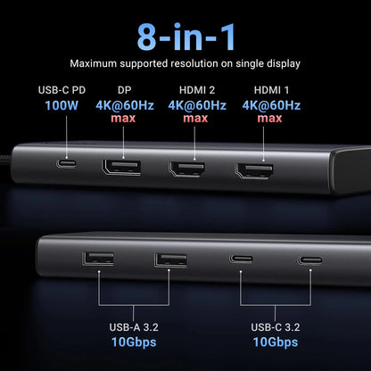 Hub USB-C UGREEN Revodok 308 CM639, 2 x USB-A 3.2 - 3 x USB-C - 1 x Display Port - 2 x HDMI, Cinzento