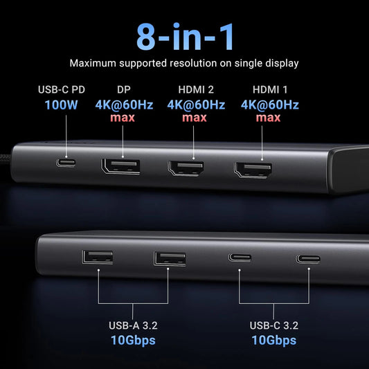 Hub USB-C UGREEN Revodok 308 CM639, 2 x USB-A 3.2 - 3 x USB-C - 1 x Display Port - 2 x HDMI, Cinzento