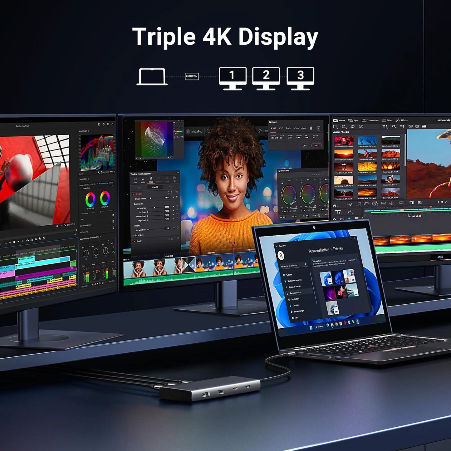 Hub USB-C UGREEN Revodok 308 CM639, 2 x USB-A 3.2 - 3 x USB-C - 1 x Display Port - 2 x HDMI, Cinzento