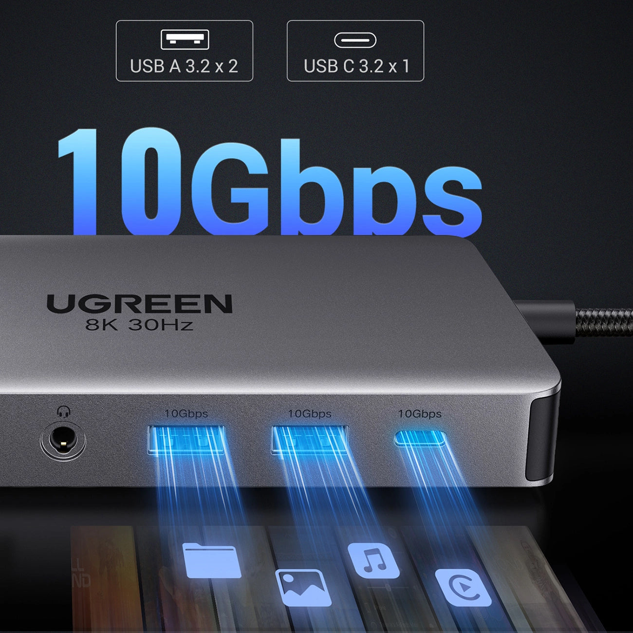 Hub USB-C UGREEN Revodok Pro 313 CM681, 2 x USB-A 3.2 - 1 x USB-A 3.0 - 2 x USB-C - 2 x HDMI - 1 x Jack 3.5mm - 1 x RJ45 - 1 x SD - 1 x microSD, Cinzento