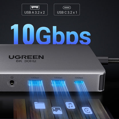 Hub USB-C UGREEN Revodok Pro 313 CM681, 2 x USB-A 3.2 - 1 x USB-A 3.0 - 2 x USB-C - 2 x HDMI - 1 x Jack 3.5mm - 1 x RJ45 - 1 x SD - 1 x microSD, Cinzento