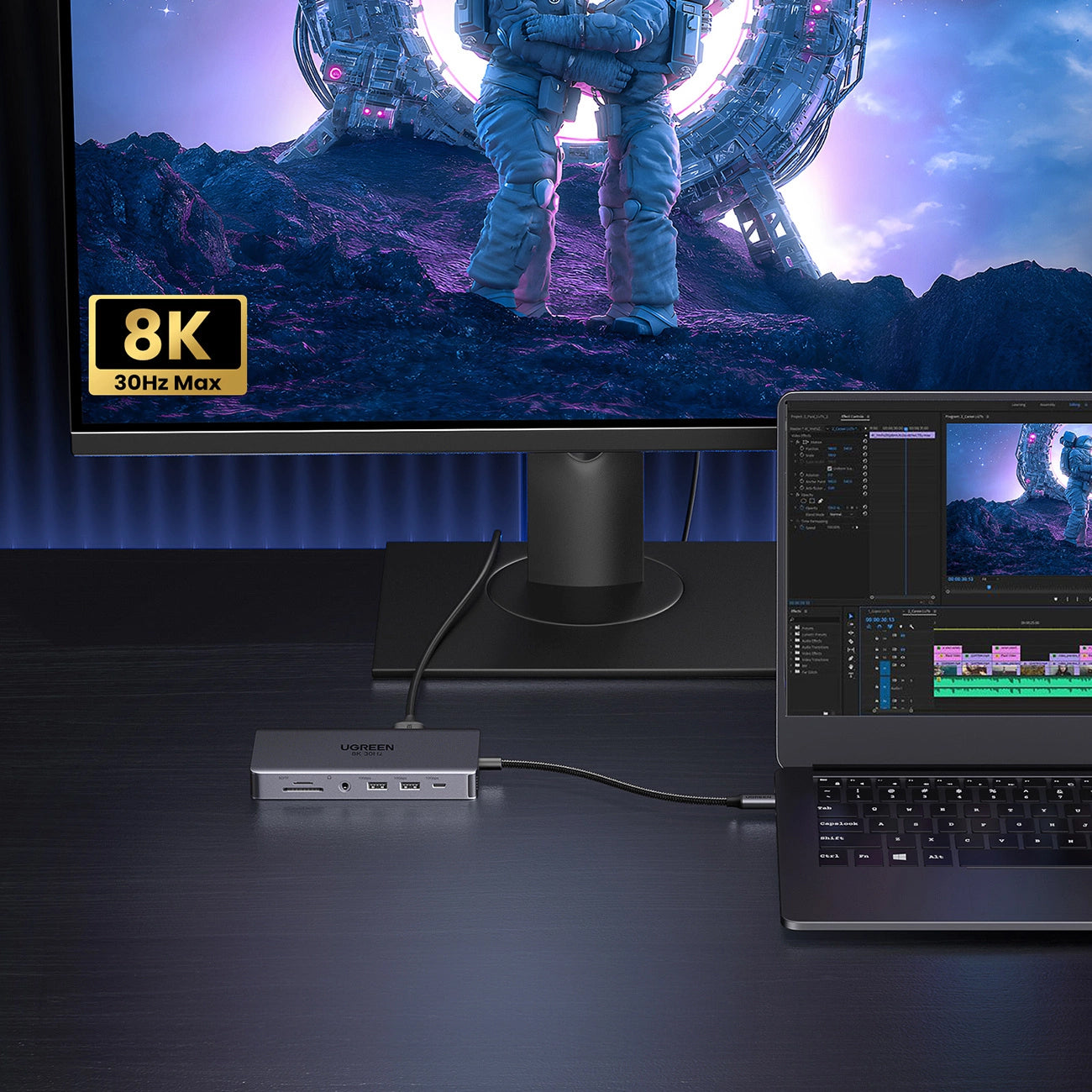 Hub USB-C UGREEN Revodok Pro 313 CM681, 2 x USB-A 3.2 - 1 x USB-A 3.0 - 2 x USB-C - 2 x HDMI - 1 x Jack 3.5mm - 1 x RJ45 - 1 x SD - 1 x microSD, Cinzento