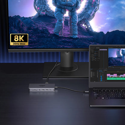 Hub USB-C UGREEN Revodok Pro 313 CM681, 2 x USB-A 3.2 - 1 x USB-A 3.0 - 2 x USB-C - 2 x HDMI - 1 x Jack 3.5mm - 1 x RJ45 - 1 x SD - 1 x microSD, Cinzento