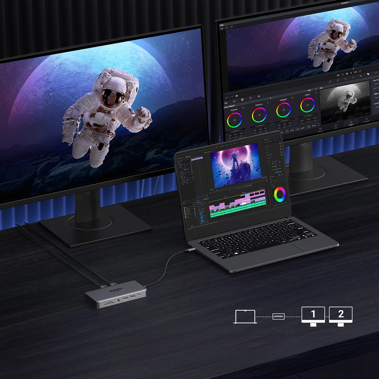 Hub USB-C UGREEN Revodok Pro 313 CM681, 2 x USB-A 3.2 - 1 x USB-A 3.0 - 2 x USB-C - 2 x HDMI - 1 x Jack 3.5mm - 1 x RJ45 - 1 x SD - 1 x microSD, Cinzento